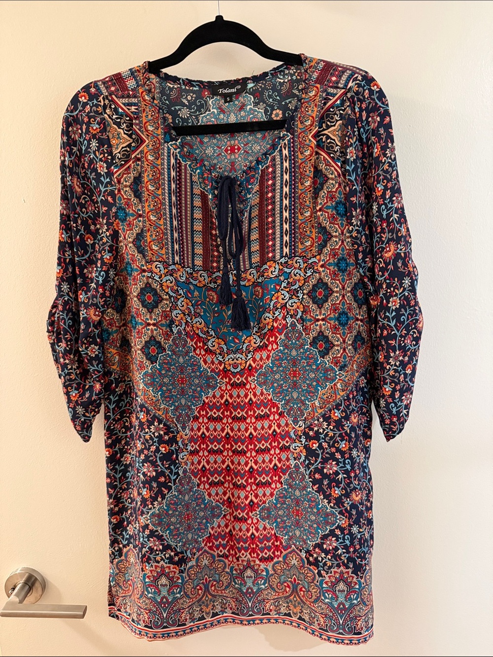 Tolani Navy Multicolor Boho Tie-Neck Tunic Size Small Silk